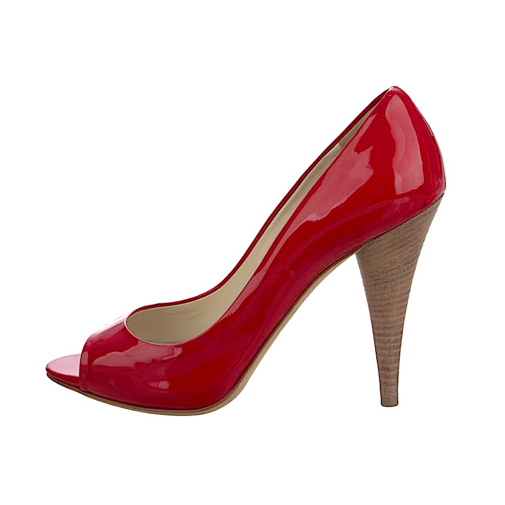 Designer miu miu by Prada Red patented leather shine domme open toe pumps 36.5